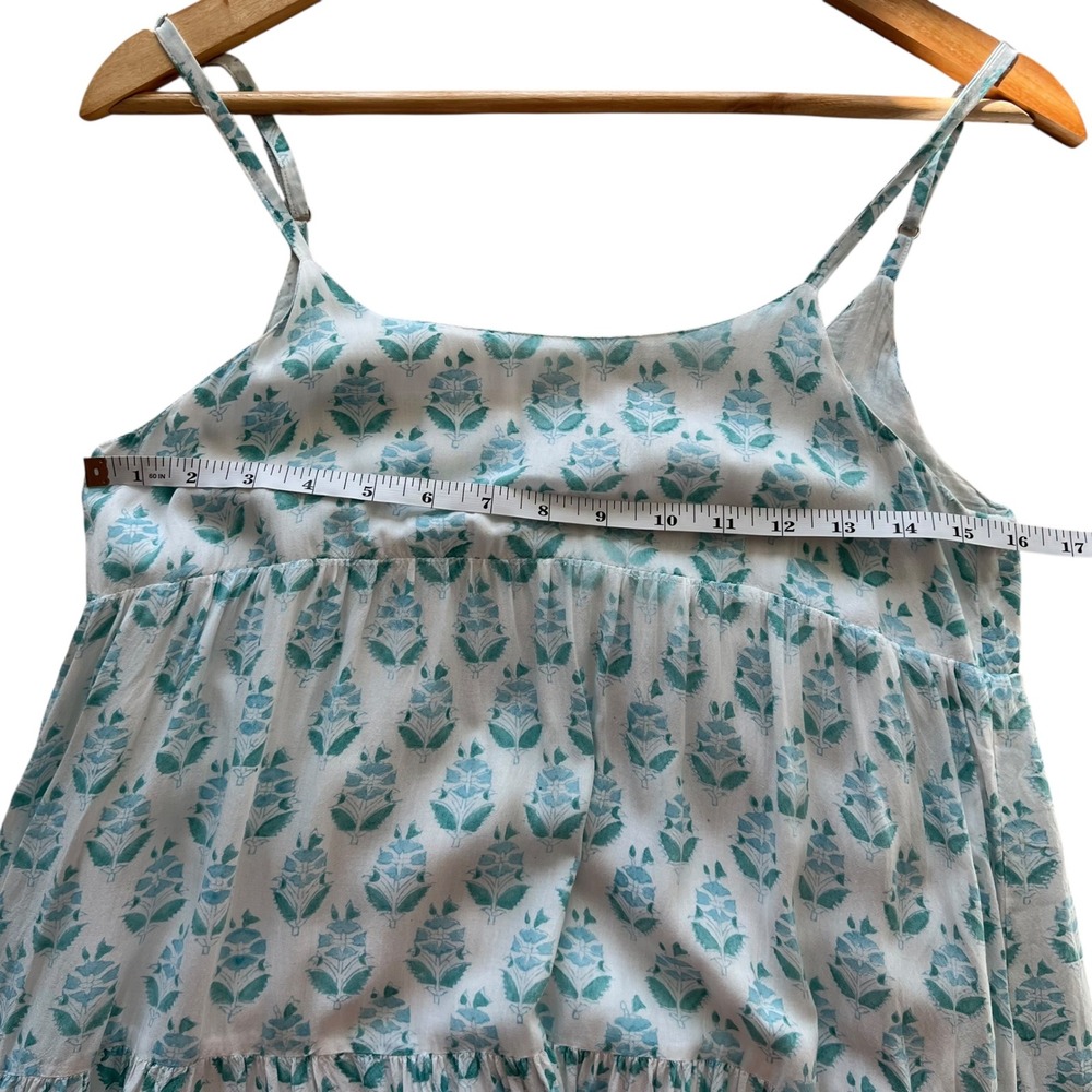 J. Marie Blue Block Print Tiered A Line Midi Dress SZ XS Boho Flowy Beach - Picture 8 of 9